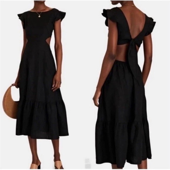 Jason Wu Open Back Linen Blend Tiered Hem Midi Sundress Black Flutter Sleeve M - Picture 3 of 11